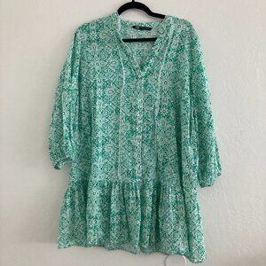 ZARA Boho Long Sleeve Dress Green Button Front Floral Festival Hippie Size XL